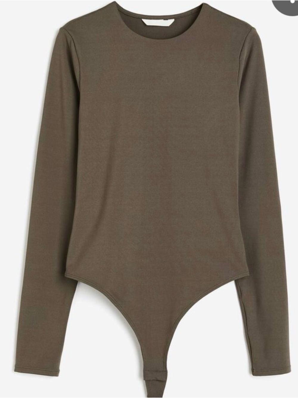 H&M Olive Green Long Sleeve Stretch Bodysuit Women’s Size L Crew Neck Minimalist